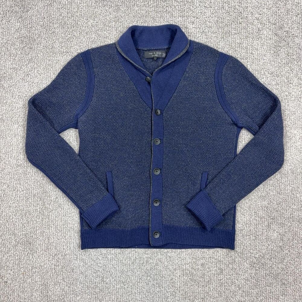 Rag Bone Sweater Mens M Blue Shawl Collar Cardigan Button Knit Grandpa Capsule
